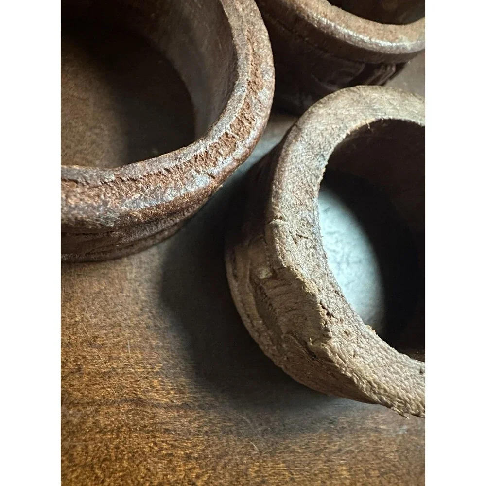 Vintage Carved Teak Wood Napkin Rings Set of 8 Measures 1 7/8 by 5/8